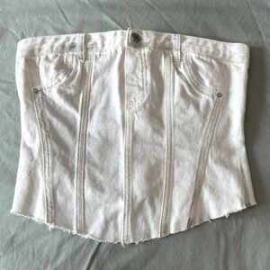 ZARA White Denim Corset Top Metalic Silver Front Zipper Raw Hem